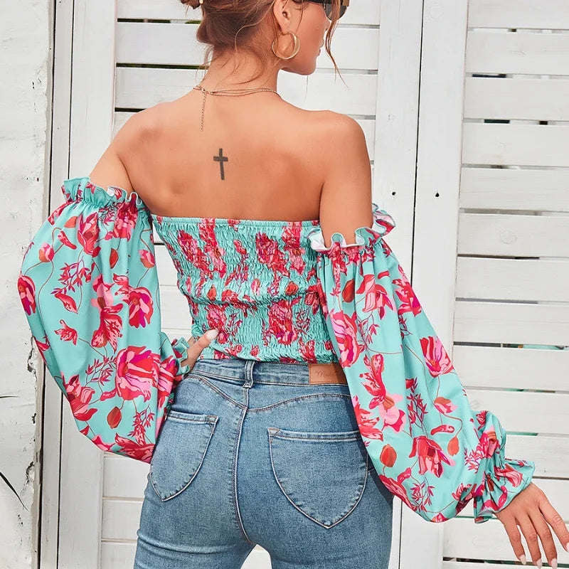 MQTIME - Women's sexy printed one-shoulder autumn new long-sleeved temperament self-cultivation puff sleeve casual top women