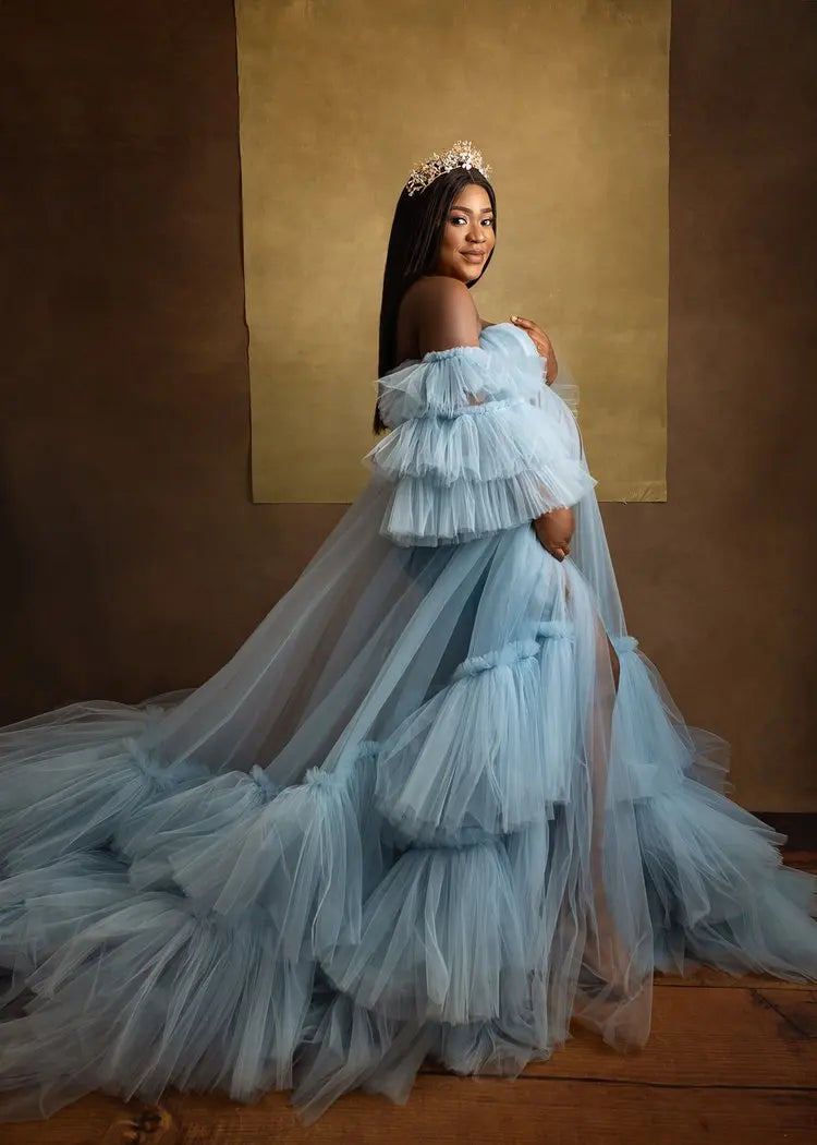 nvxiot - Elegant Tulle Cardigan Maternity Dress For Photoshoot Long Pleated Hem Detachable Sleeves Pregnant Women Dress For Wedding Guest