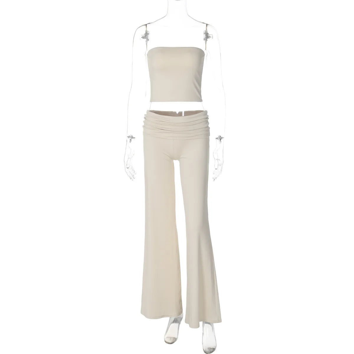 MQTIME - 2 Pieces Fold Over Flared Pants Women's Matching Sets Strapless Tube Top Trousers Solid Color Slim Outfit Leisure Suit