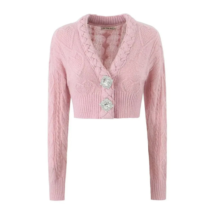 MQTIME - Two Pieces Set, 3 Piece Set, Solid Outfit Button Crystal Rhinestone Sweater Coat Crop Top, Elastic Waistband Short Tracksuit y2k