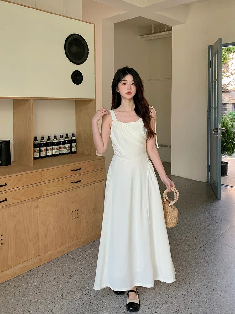 MQTIME - 2024 Summer New Design Sense Large Sling Dress Solid Color Versatile Sleeveless Pleated Long Short Skirt for Women