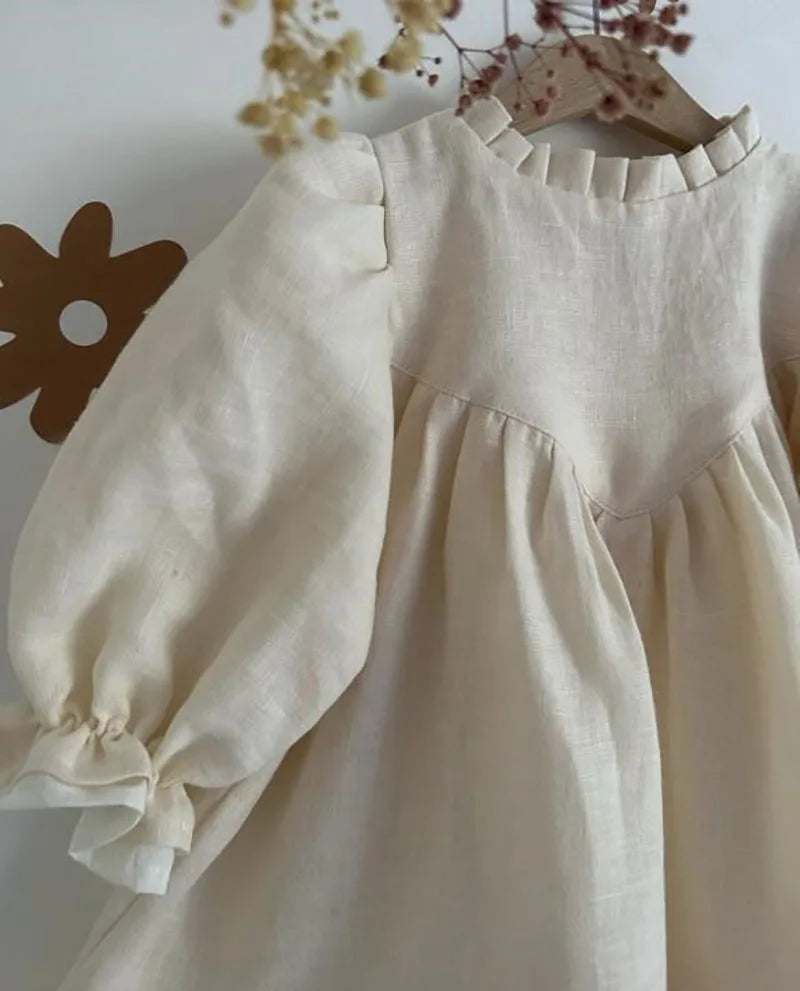 MQTIME - Spring Toddler Big A-line Girls Dress Linen Dress for Girls Puff Sleeve Princess Kids Clothes Patchwork Dresses 2-7Y
