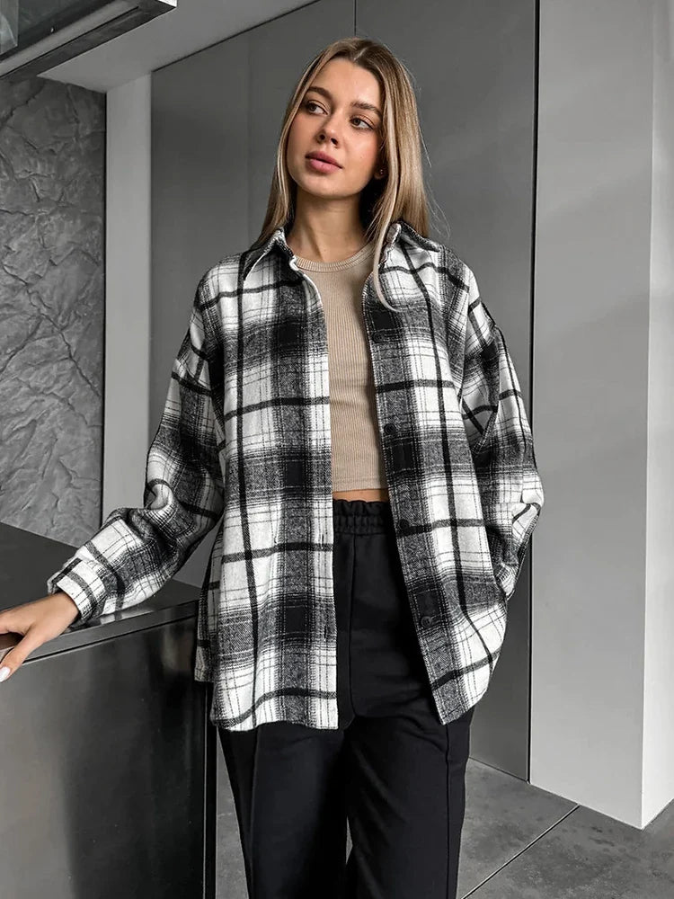 MQTIME - 2024 Women Autumn Winter Black Plaid Thick Shirt Vintage Oversized Long Sleeve Loose Fit Blouse For Woman