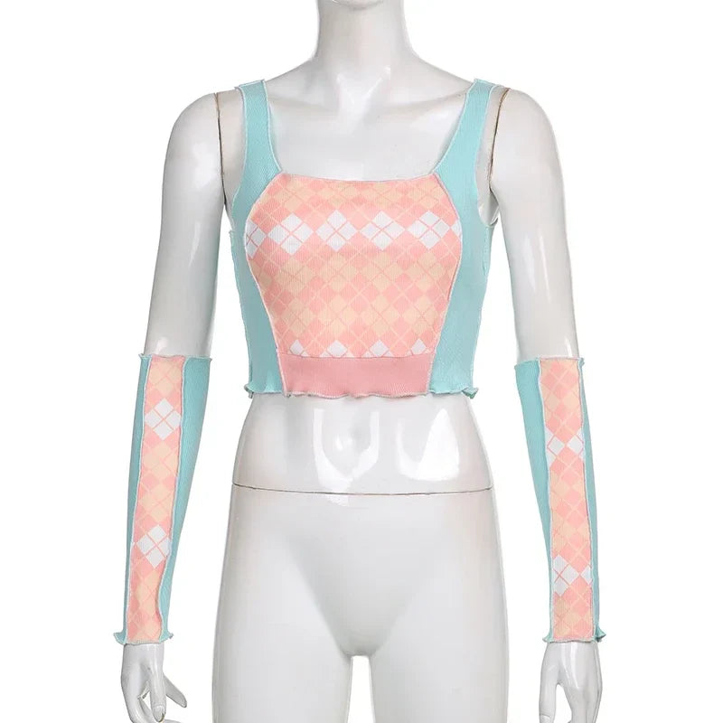 MQTIME - Macaron Patchwork Plaid Cami Top with Gloves Sweet Cute Sleeveless Slash Neck Crop Top Women 2024 Fashion Tank Tops Y2K Autumn
