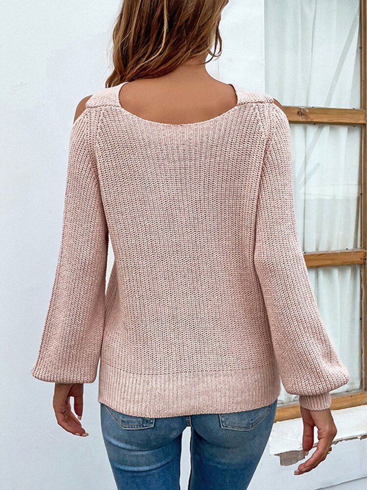 nvxiot Cold Shoulder Autumn Halter Women Lantern Sleeve Sexy Pull Female Beige Winter Casual Knitted Sweater New Dropshipping