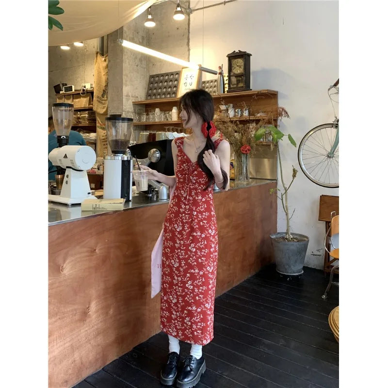 MQTIME - Women's Retro French V-Neck Red Floral Dress, Strap Dress with Waistband and buttocks, Long Skirt, Beach Vacation, Summer