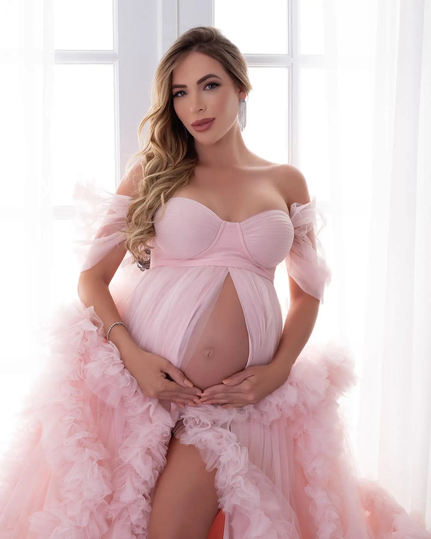 nvxiot - Blue Tulle Maternity Gown Mother and Daughter Photoshoot Dress Long Fluffy Pregnancy Ruffled Photography Dresses