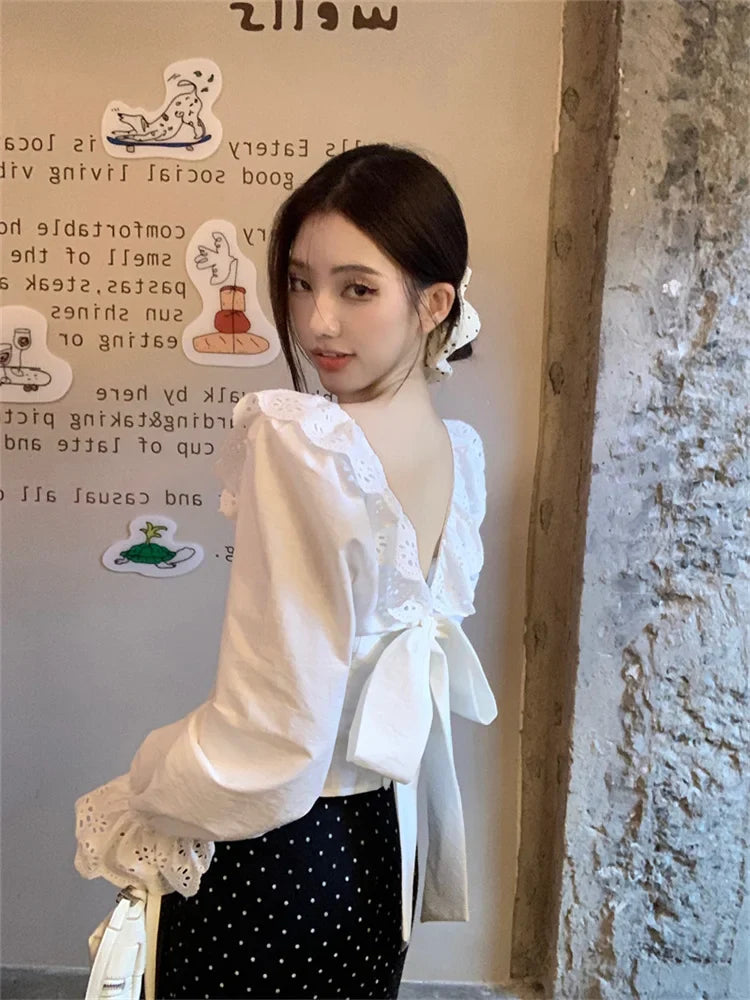 nvxiot - French Style Backless Long Sleeved Shirt for Women Summer Bow Short Blouse Elegant White Ruffled Top Blusas Femininas Elegantes