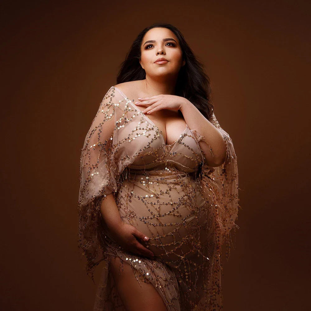 MQTIME - Boho Materntiy Photoshoot Dress sexy Tassels Sequins Champagne Bohemian Tulle Sequined Pregnant Woman Photography Dress