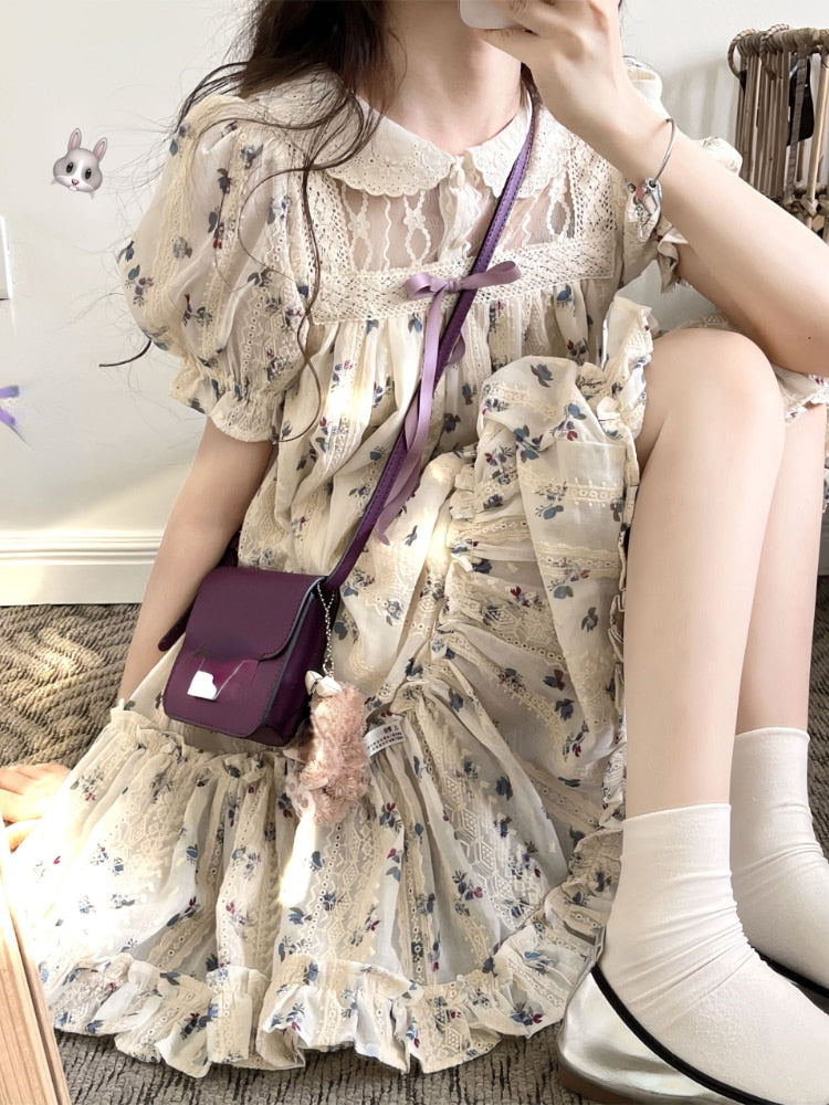 nvxiot Floral Print French Elegant Dress Women Chiffon Japanese Sweet Party Mini Dress Female Korean Kawaii Puff Sleeve Dress New