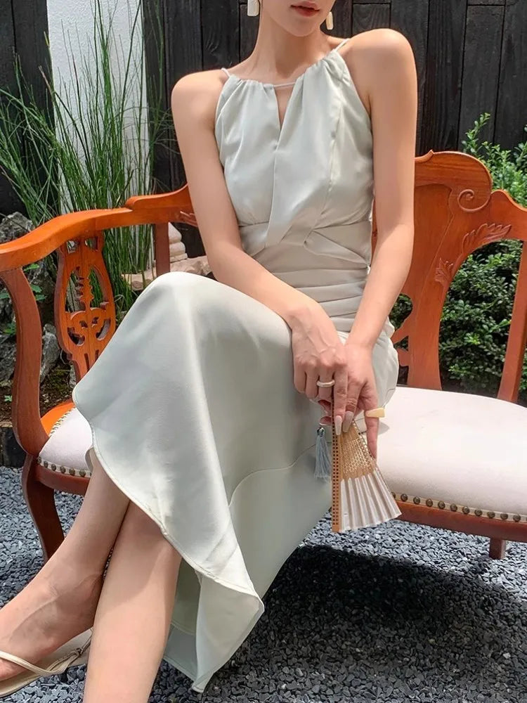 nvxiot - White Neck Hanging Dress New Women'S Satin Rope Fishtail Slit High-End Slim Fit Long Dress