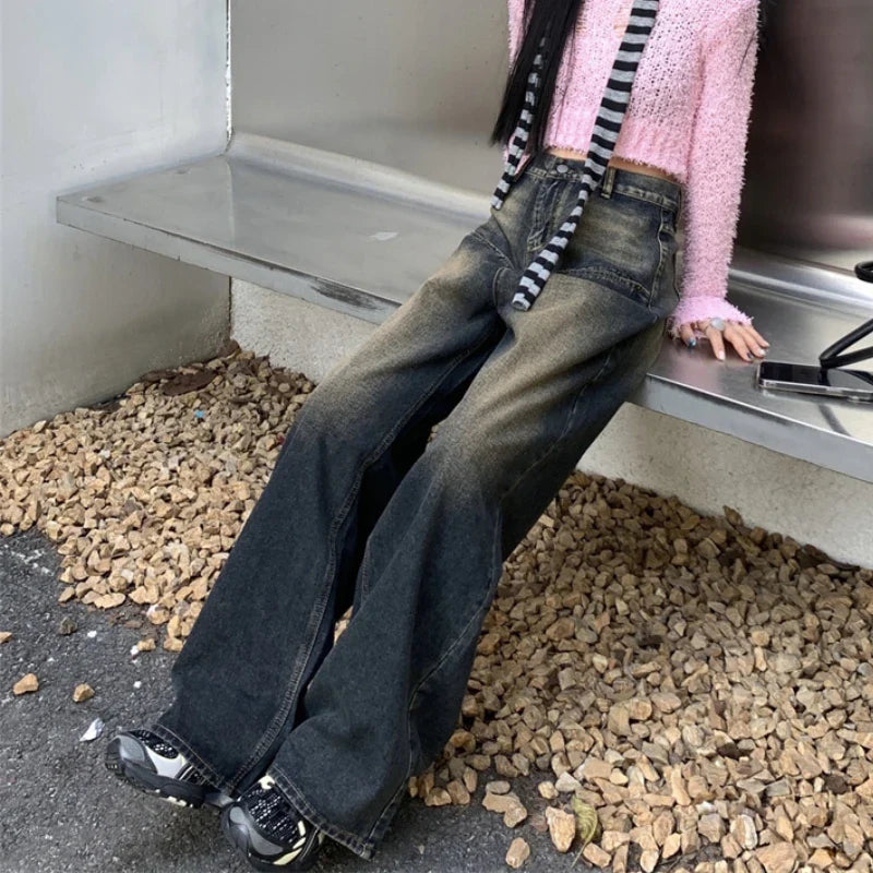 nvxiot Korean Retro Distressed Bleached Y2K Casual Jeans Women Autumn New High Waist Loose All Match Washed Denim Wide Leg Pants