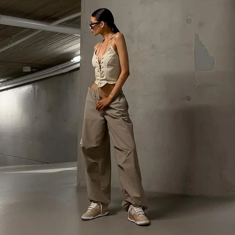 nvxiot Retro low waist drawstring casual pants women's summer bundle feet loose straight pendant pants everything with wide leg pants