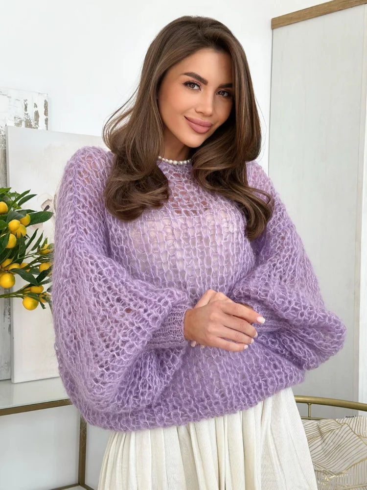 MQTIME - Fashion Women Purple Cut Out See Through Loose Knitwear Fashion O Neck Lantern Long Sleeves Pullover Casual Lady Street Jumper