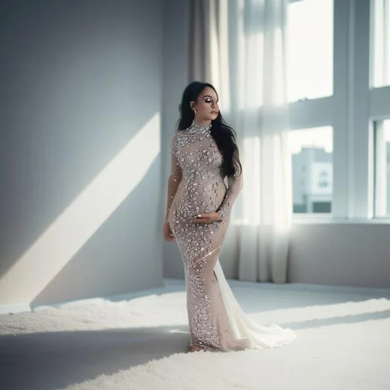 MQTIME - Maternity Photography Gown Sexy Goddess Party Dress Bright Diamond Stretch Fabric Dress For Pregnant Woman Photo Shoot Props