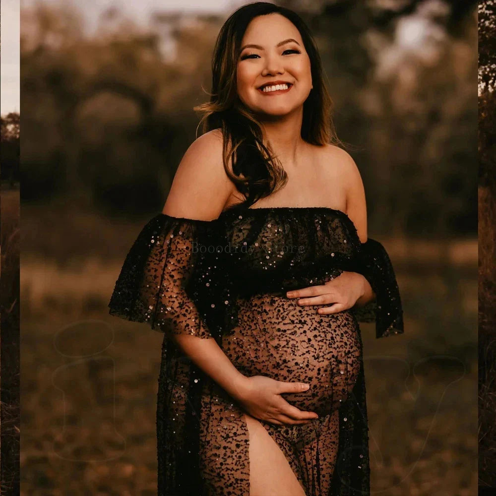 nvxiot - Women's Boho Dress Sequin Sheer Dress For The Maternity Session Maternity Photo Props Pregnancy Photography Babyshower Dress