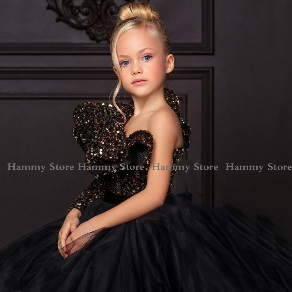 nvxiot Black Flower Girl Dress with Gold Sequin Top One Shoulder Puffy Floor Length Long First Communion Dresses Wedding Party Gown