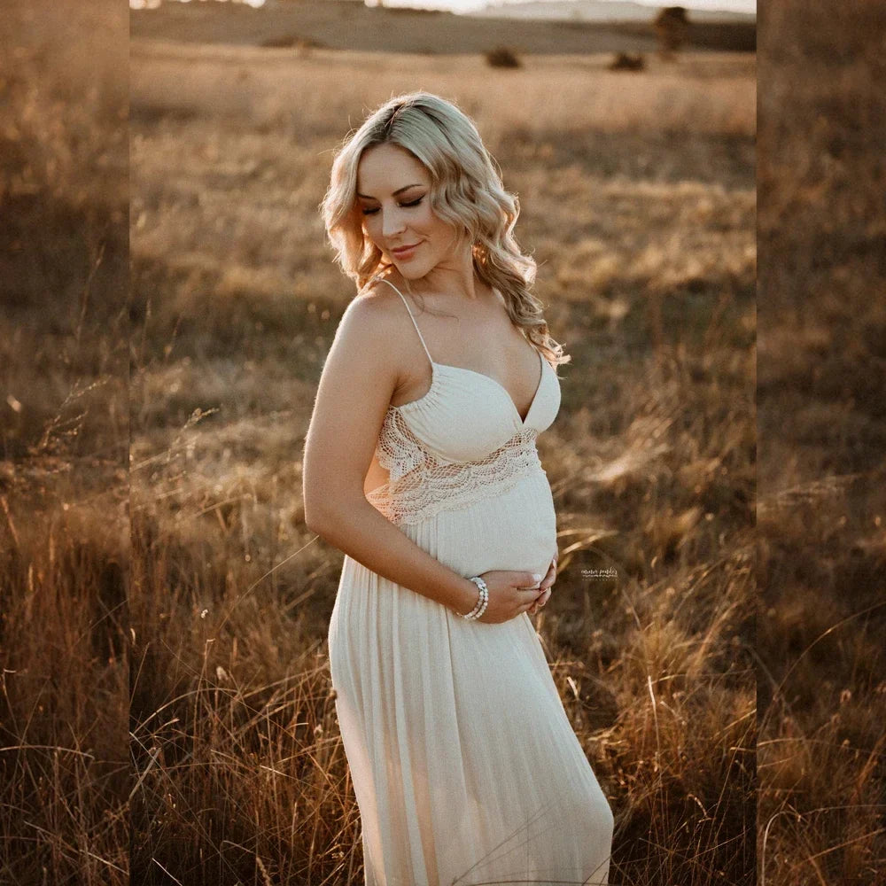 MQTIME - Lace Backless Maternity Dresses for Baby Showers Boho Pregnant Dress V-neck Suspender Bohemian Photo Shooting Pregnancy Dress