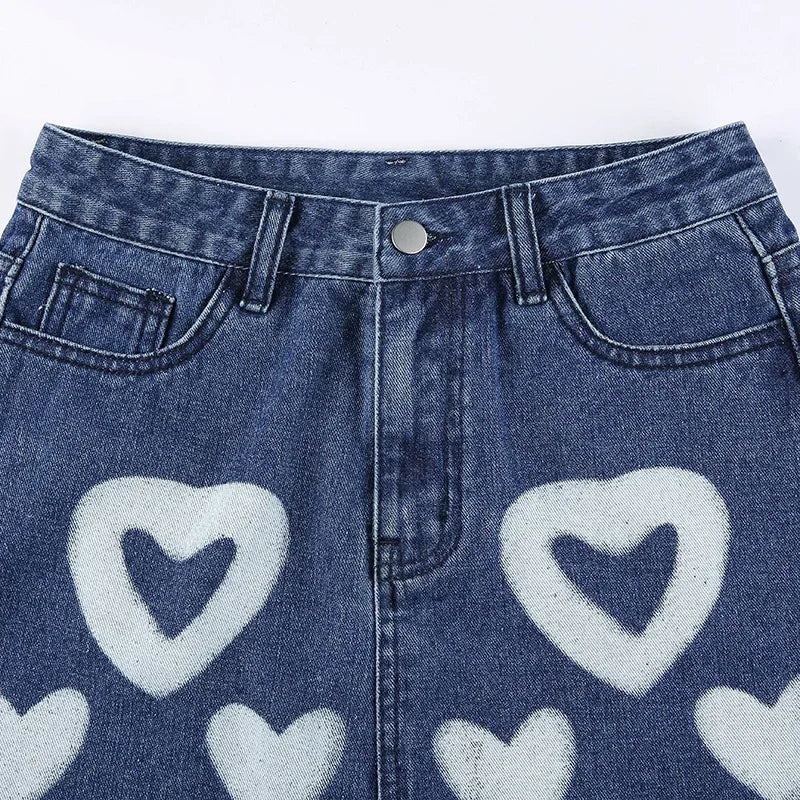 MQTIME - Y2k Vintage Party Club Streetwear Mini Skirts Bodycon Clothes 2024 Fashion Harajuku Women Lovely Heart Print A Line Denim Skirt