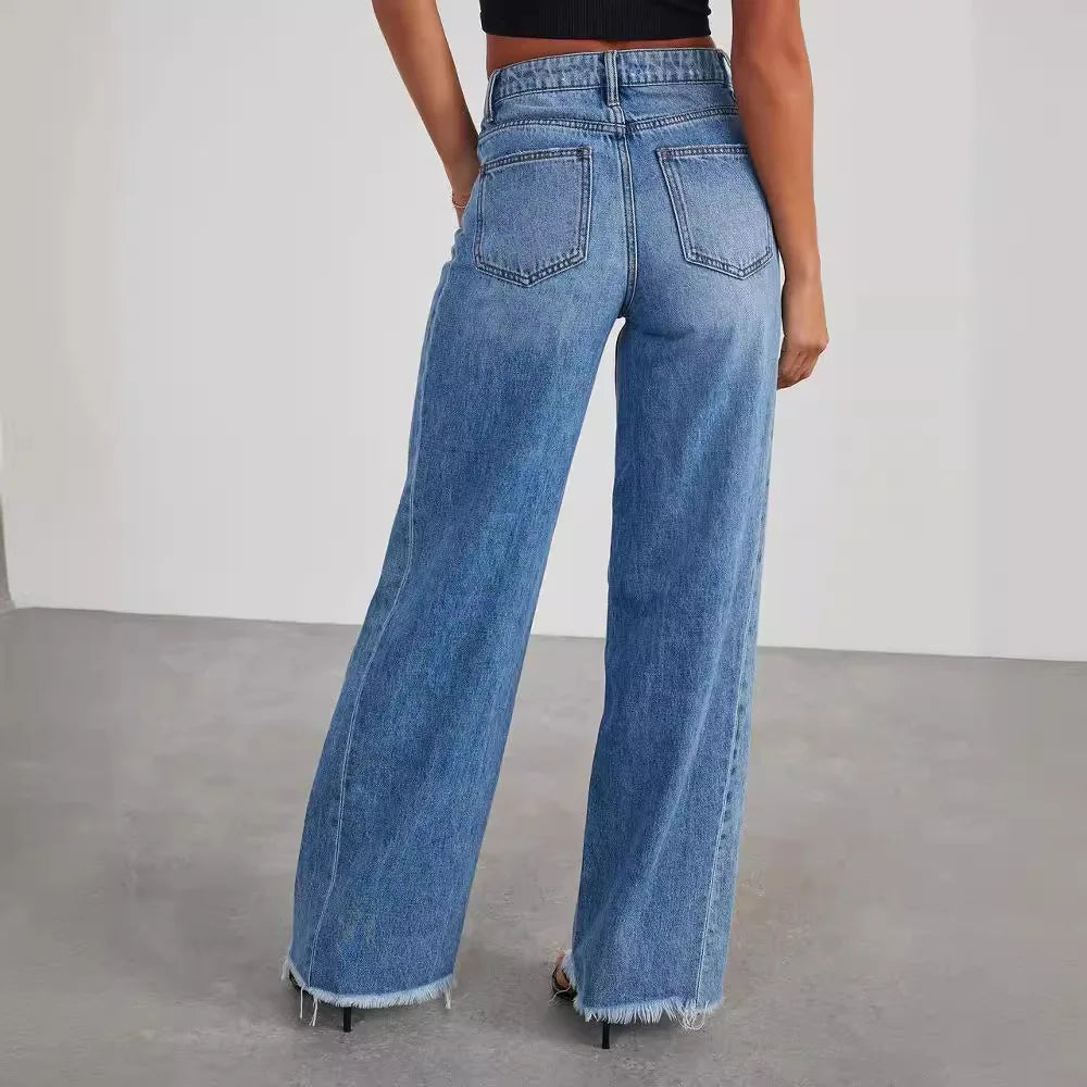 MQTIME - Women's Denim Jeans Wide Leg Pants High Waist Fashion Cotton Trousers Autumn Tide Straight Pants De Mujer Frayed Hem Jeans