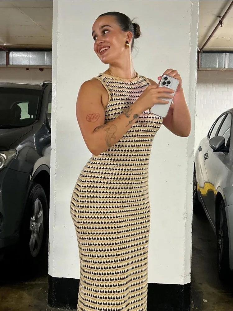 nvxiot - Striped See-Through Long Dress Female Elegant Sleeveless High Waist Patchwork Fashion Beach Dress Knit Maxi Dress Summer