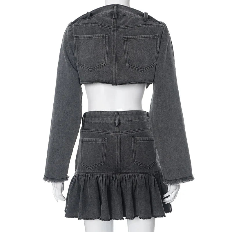 nvxiot - Autumn Winter Jeans Two Piece Set Women Buttons Tassel Full Sleeve Crop Tops High Waist Slim Ruffles Mini Skirt Denim Streetwear