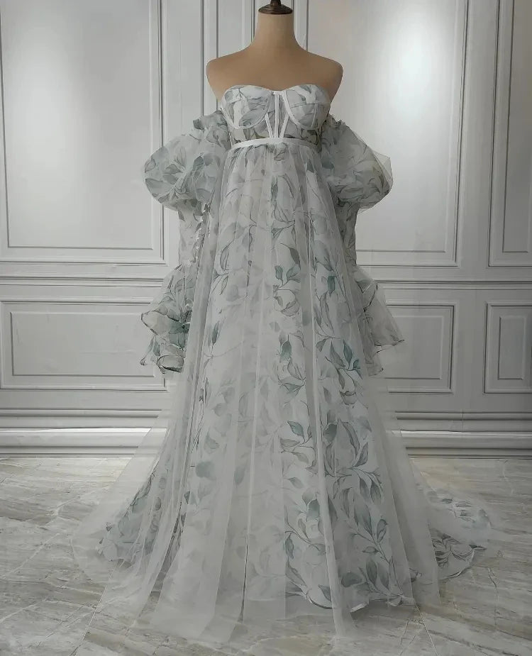 nvxiot Floral Printing Maternity Dress for Photoshoot Pregnancy Pregnant Gowns with Removable Sleeve for Photoshoot Pregnancy