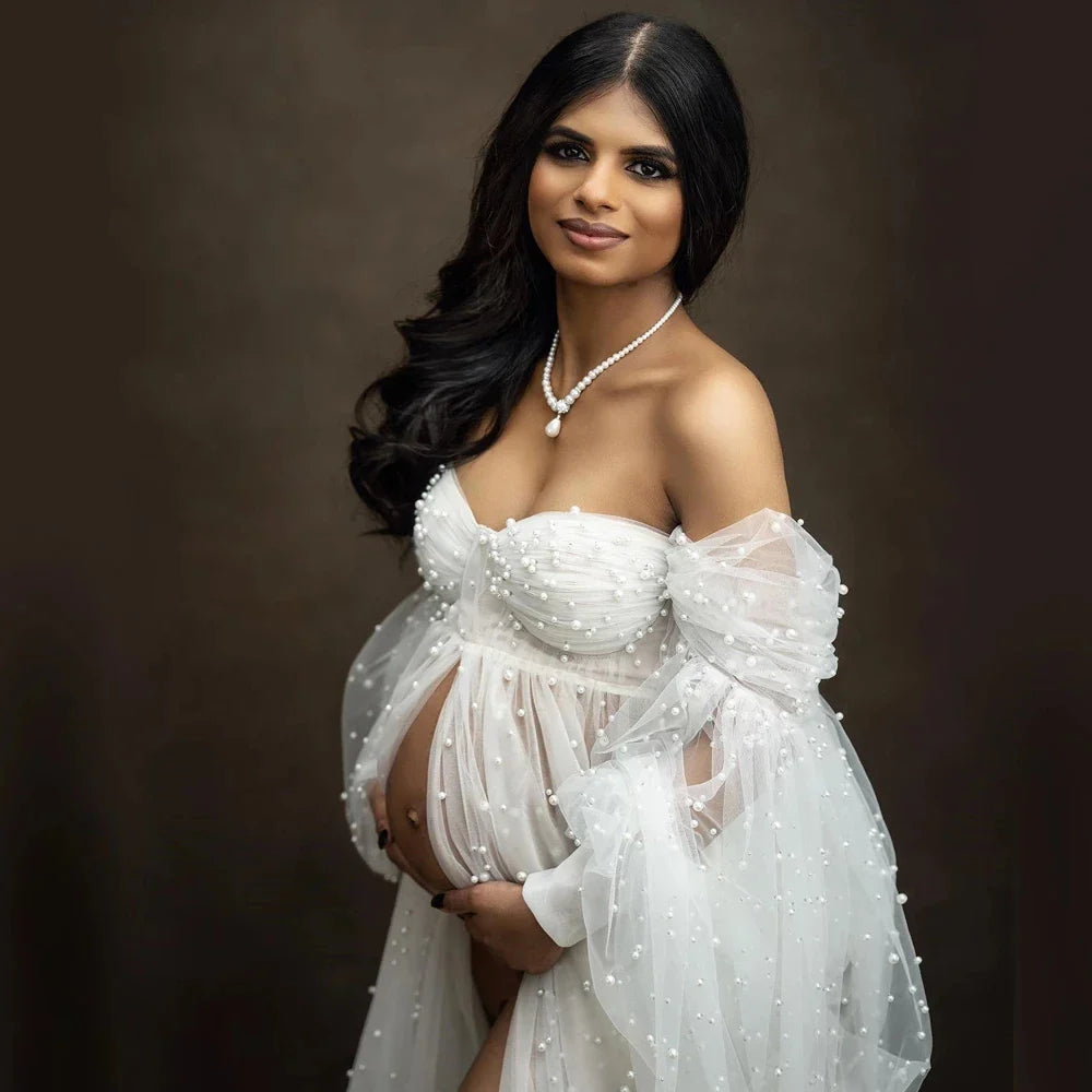 nvxiot Elegant Maternity Photography Props Dress Pearls Tulle Bridal Gown Maternity Dresses for Photoshoot Off Shoulder Babyshower Gown