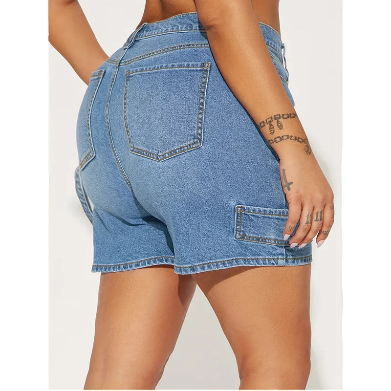 nvxiot - 2024 Women's Shorts Summer Blue High Waist Jeans Y2K Straight Cargo Casual Short Pants Streetwear Vintage Wide Leg Denim Shorts
