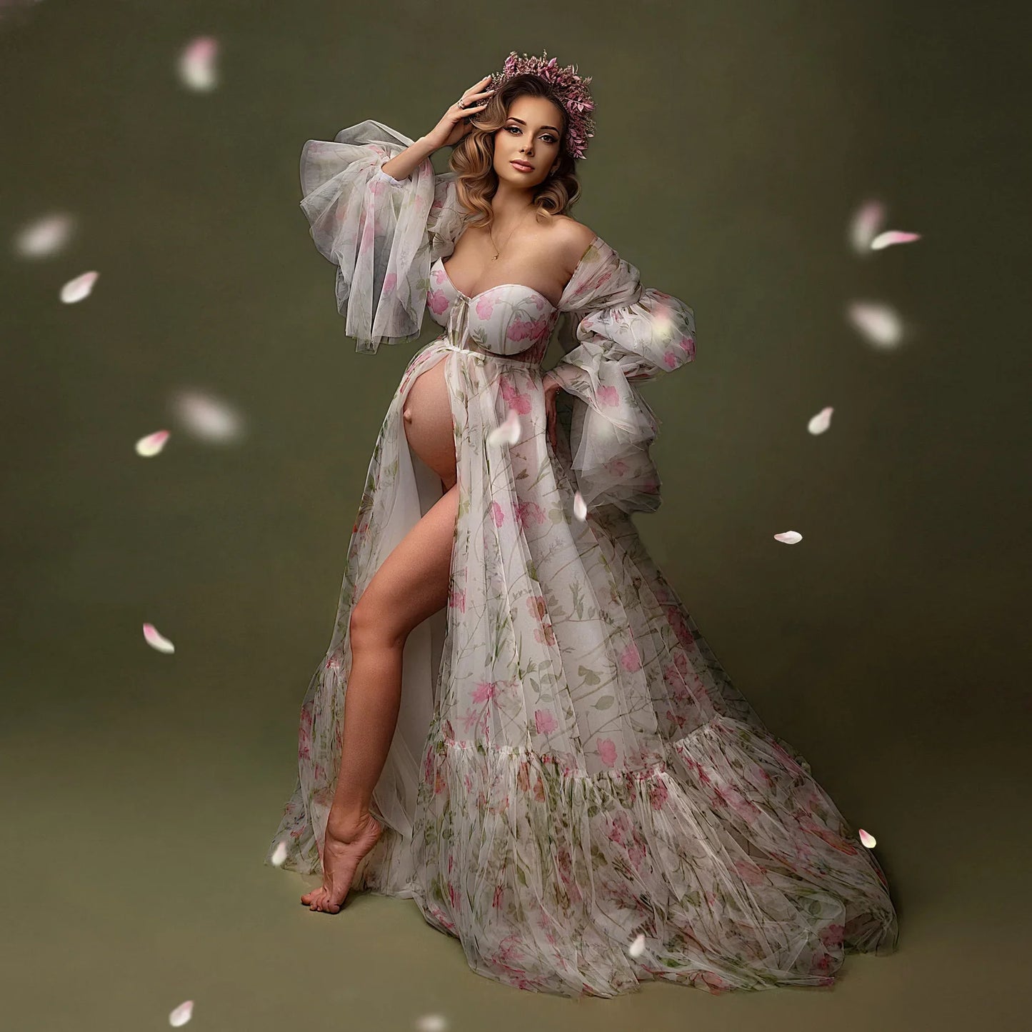 nvxiot Gorgeous Blossom Maternity Dresses for Photo shoot Silk Print Flowers Maternity Robes Babyshower Photography Dress Puff Sleeves