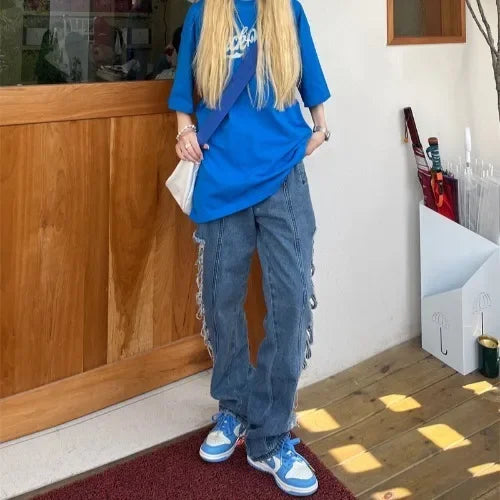 nvxiot - Side Ripped Hole Hollow Out Women's Jeans Denim Pant trousers punk hippie grunge 2023 fashion harajuku streetwear y2k high waist