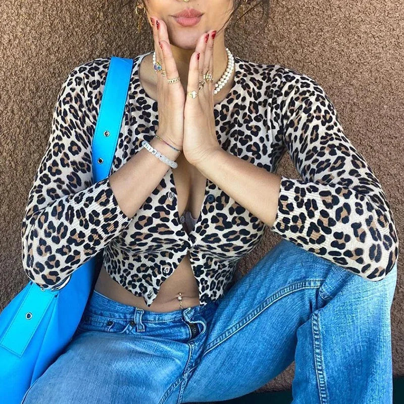 MQTIME - Leopard Women T Shirt Long Sleeve Crop Top Y2K Tees Top Outfits Button Skinny Sexy Summer Tshirt Streetwear Spring Top Fashion