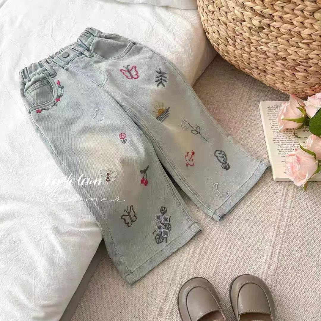 nvxiot - Summer Graffiti Babys Girl Jeans Korean Loose Embroidery Little Girl Denim Pants Elastic Waist Gradient Kids Girl Straight Pants