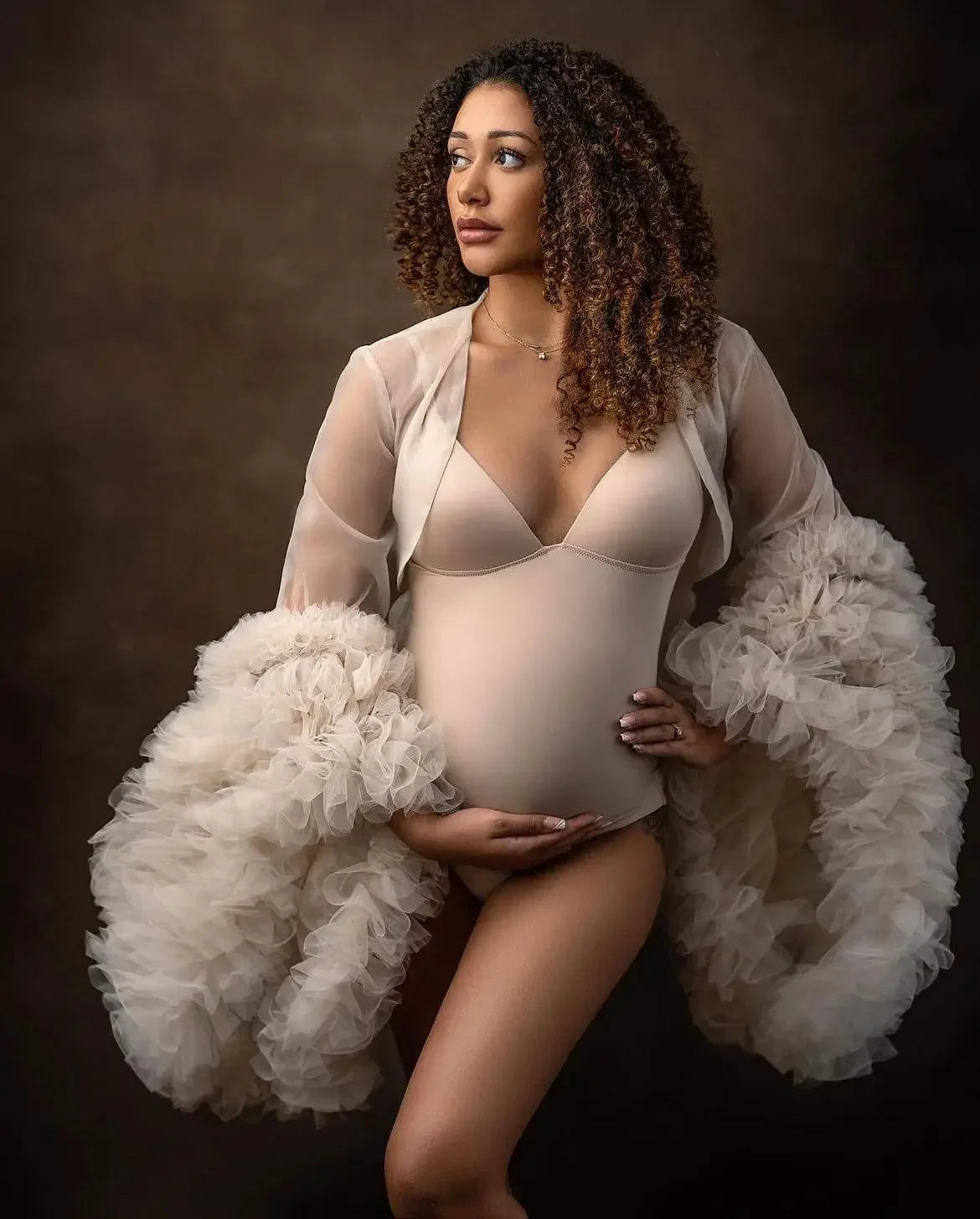 nvxiot - Ivory Bodysuit Maternity Robes Women Bathrobe Wrap Photo Shoot Birthday Sexy Bridal Fluffy Sleeve Sleepwear Custom Made