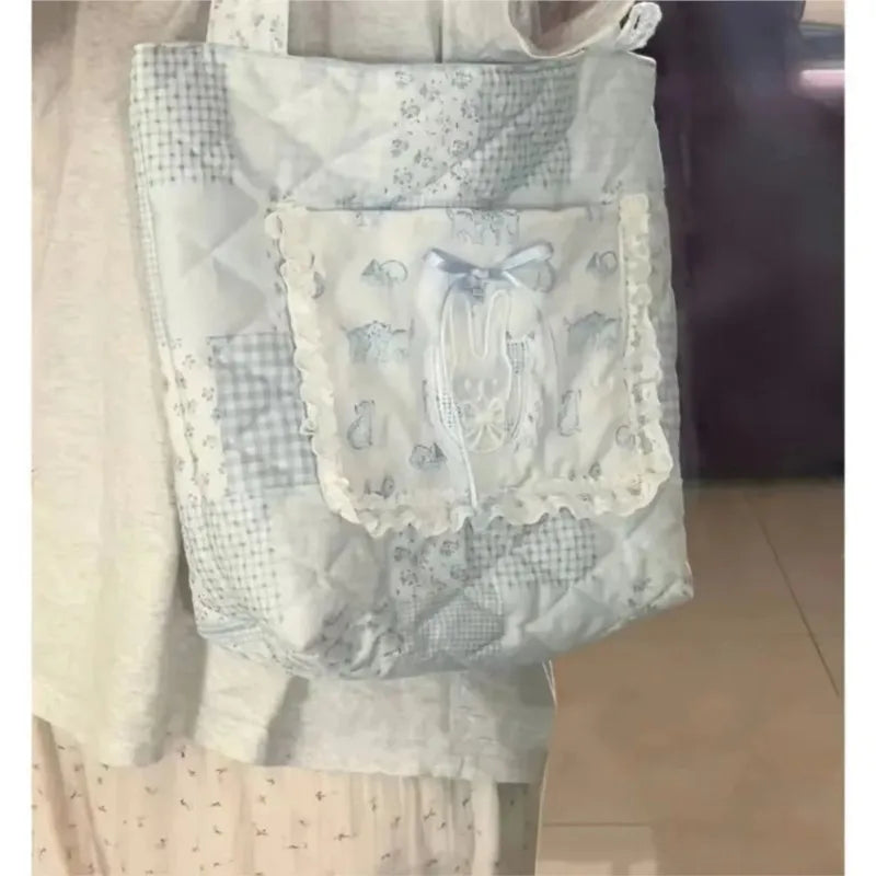 MQTIME - Harajuku Aesthetic Blue Shoulder Bags Women Sweet Lolita Bow Lace Rabbit Cute Handbag Ladies Large Capacity Tote Bag Y2k