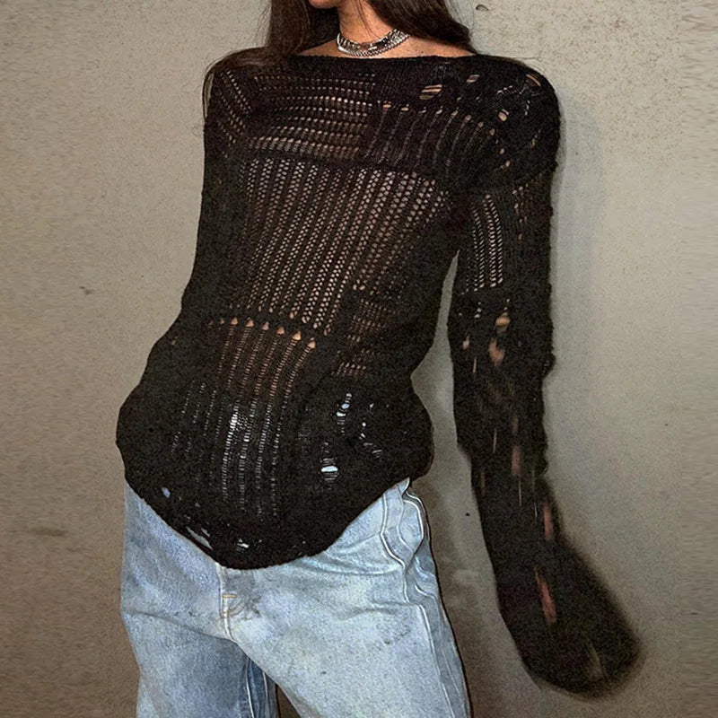 MQTIME - Chic Tattered Sweater Women Fashion Loose Long Sleeve Tops Lazy Style Hollowed Out Thin Perspective Black White Ripped Pullover
