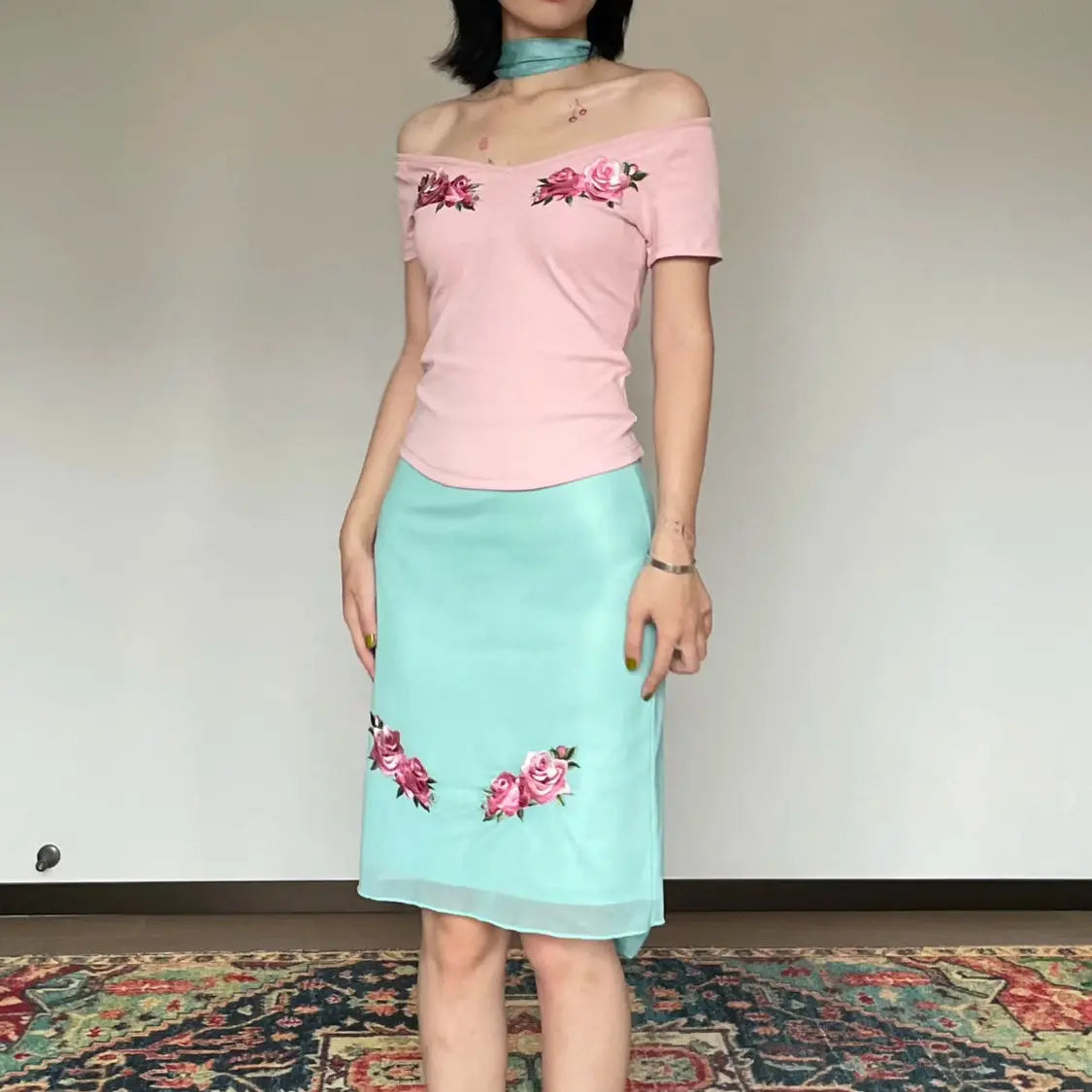 MQTIME - Two Piece Set,women suit crop top and skirt suits,flower print v-neck t-shirt fairycore 00s aesthetic skirts set y2k cute tshirt
