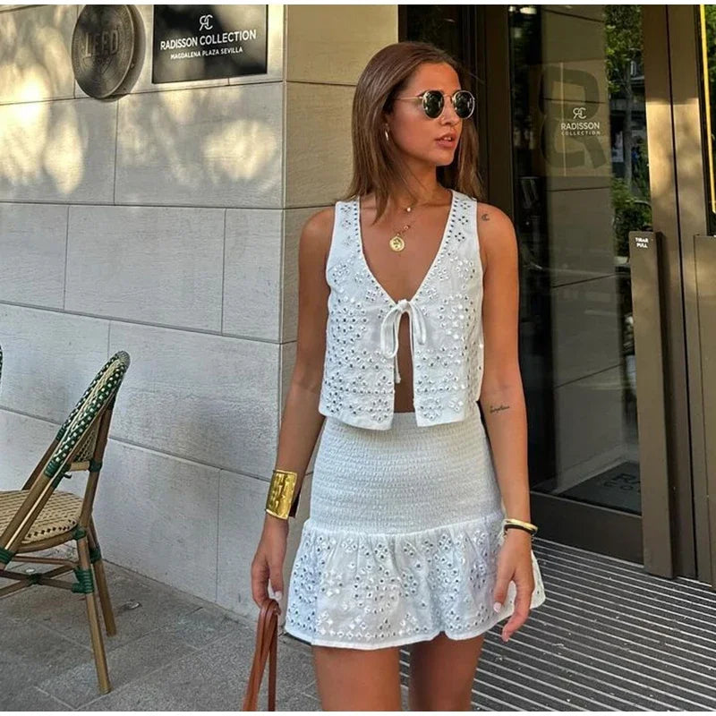 MQTIME - Sequins Spliced Ruffles Skirt Set 2 Piece Women Sexy V Neck Sleeveless Lace Up Crop Top High Waist Skirts Suits Lady Streetwear