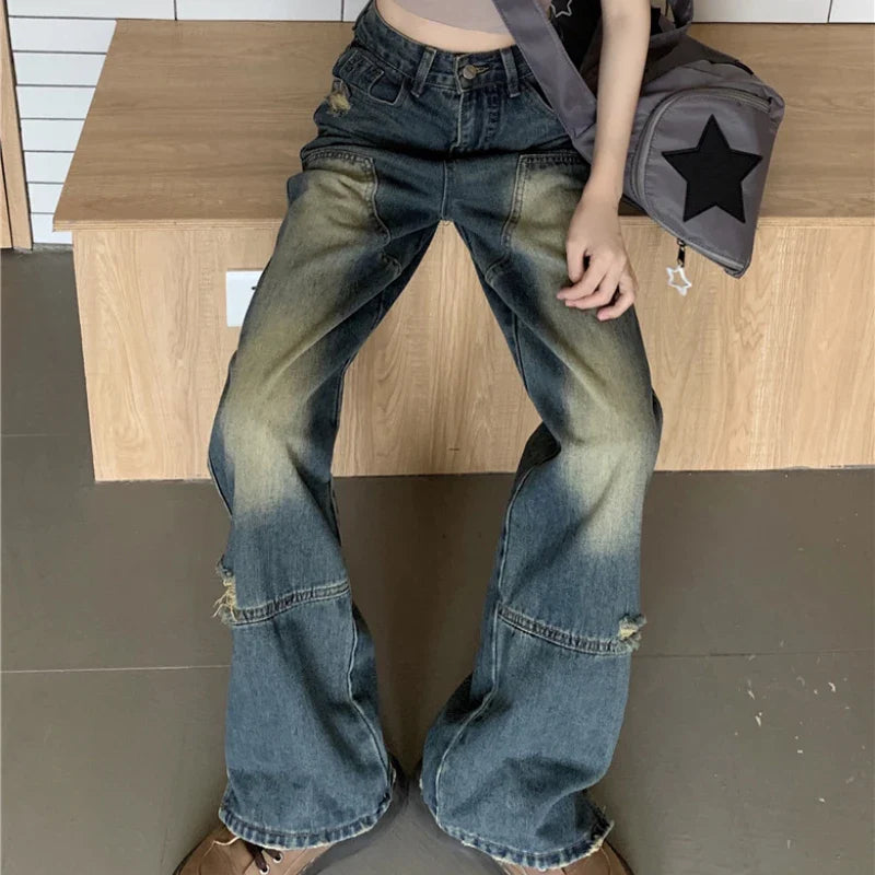 nvxiot Vintage Y2K Distressed Hole All Match Washed Jeans Women Summer New High Waist Bleached Loose Casual Wide Leg Pants