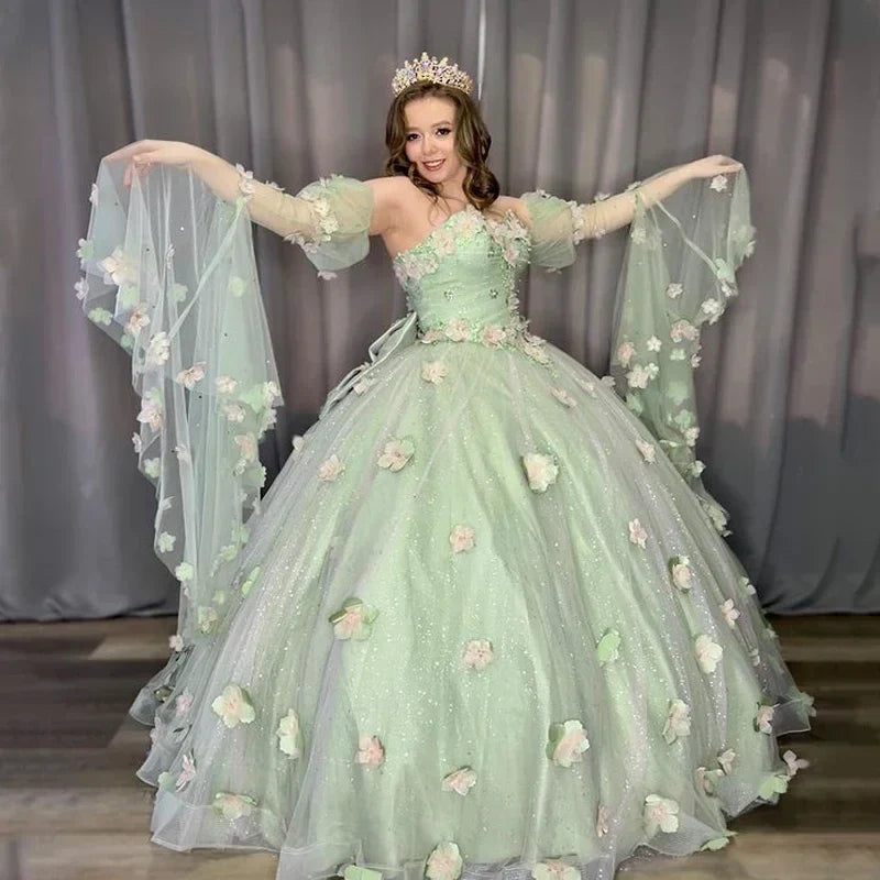 MQTIME - Sage Green Sweet Princess Quinceanera Dress Bead Appliques 3D Flower Vestidos De Birthday Party Graduation Ball