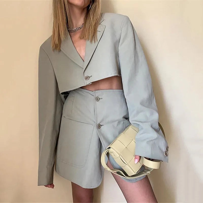 MQTIME - New Fashion Women Elegant Cottagecore Blazers Solid Colors Single Button Long Sleeve Short Blazers Sexy Mini Skirts Indie