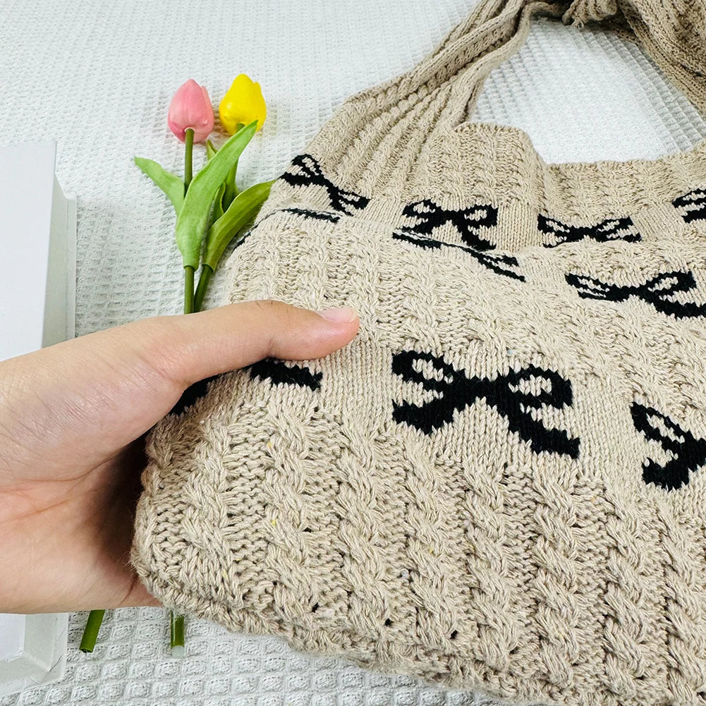 nvxiot - Knitted Handbags Large Capacity Bow Pattern Crochet Tote Bag Bow Pattern Crochet Tote Bag Multifunctional Knitted Shopping Bag