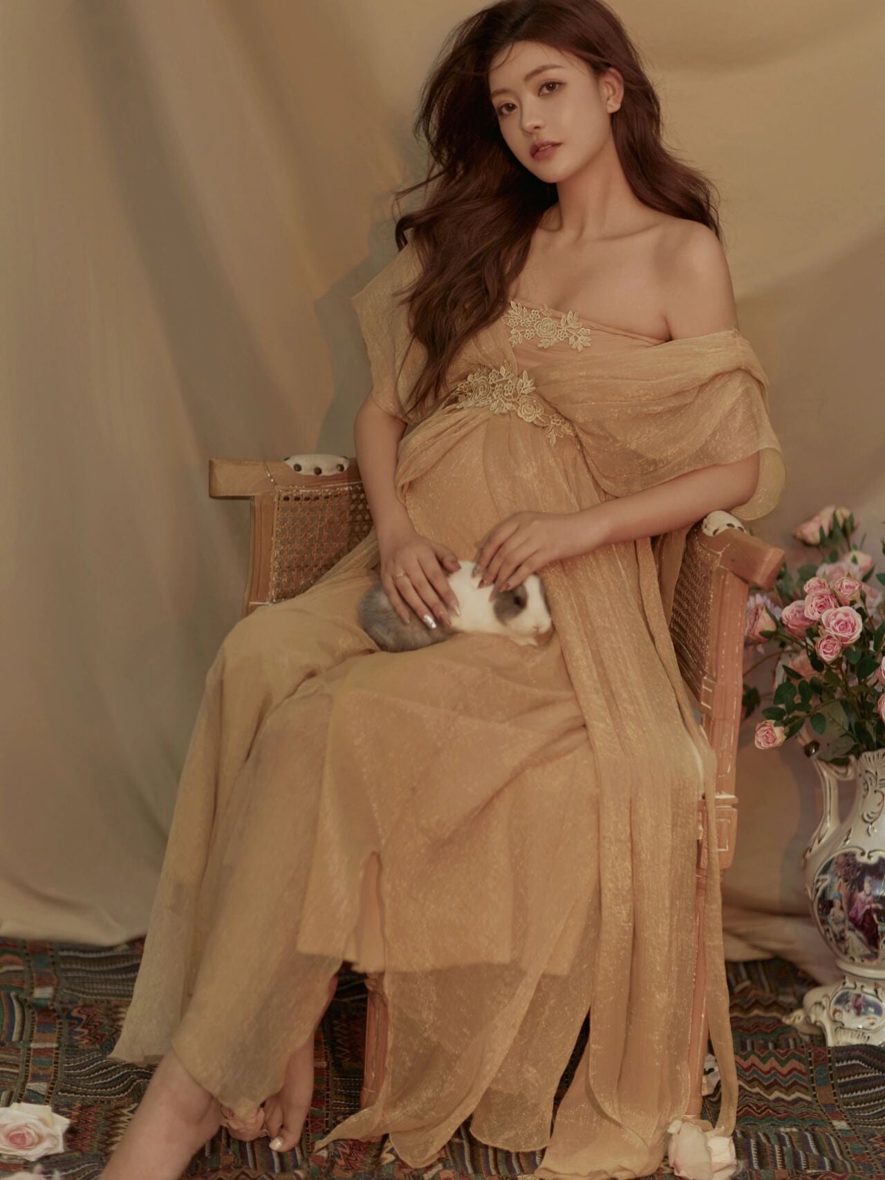 nvxiot Pure Pregnant Women's Photo Clothing New Aesthetic Fairy High Setting Champagne Gauze Pregnant Mother's Dress Retro Sweet