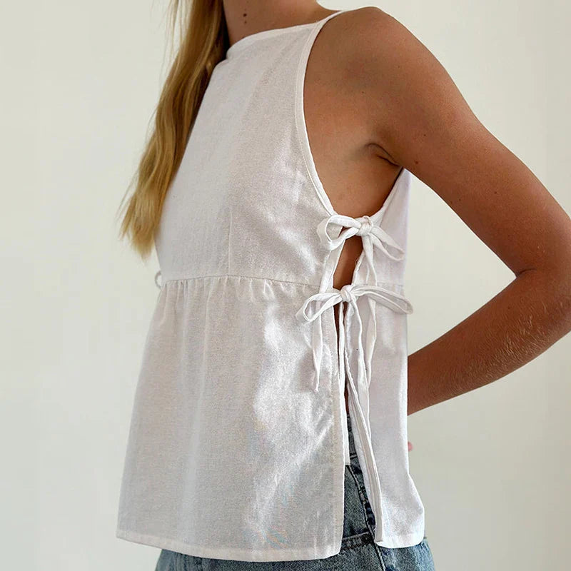 MQTIME - Cottage Plaid Cut Out Side Tie Up Vest Fairycore Vintage Y2K Milkmaid Camis Women Loose Sleeveless Crop Top Holiday