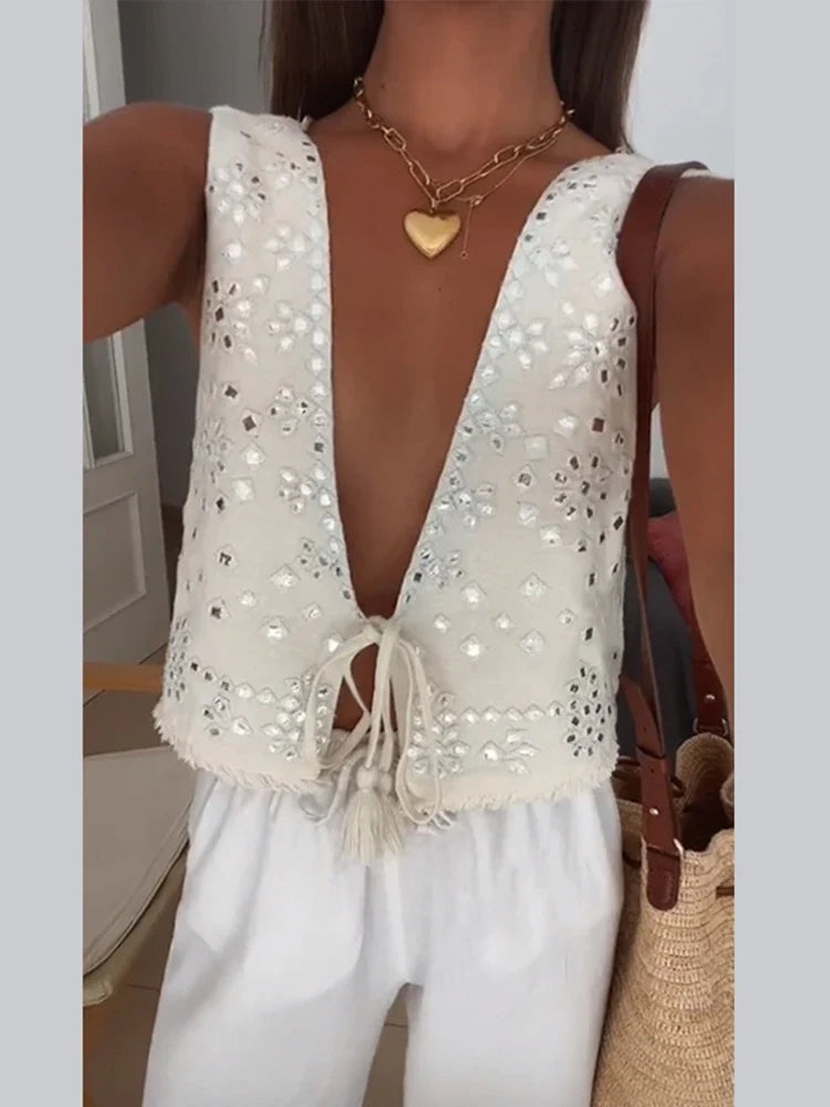 MQTIME - Sequins Spliced Ruffles Skirt Set 2 Piece Women Sexy V Neck Sleeveless Lace Up Crop Top High Waist Skirts Suits Lady Streetwear