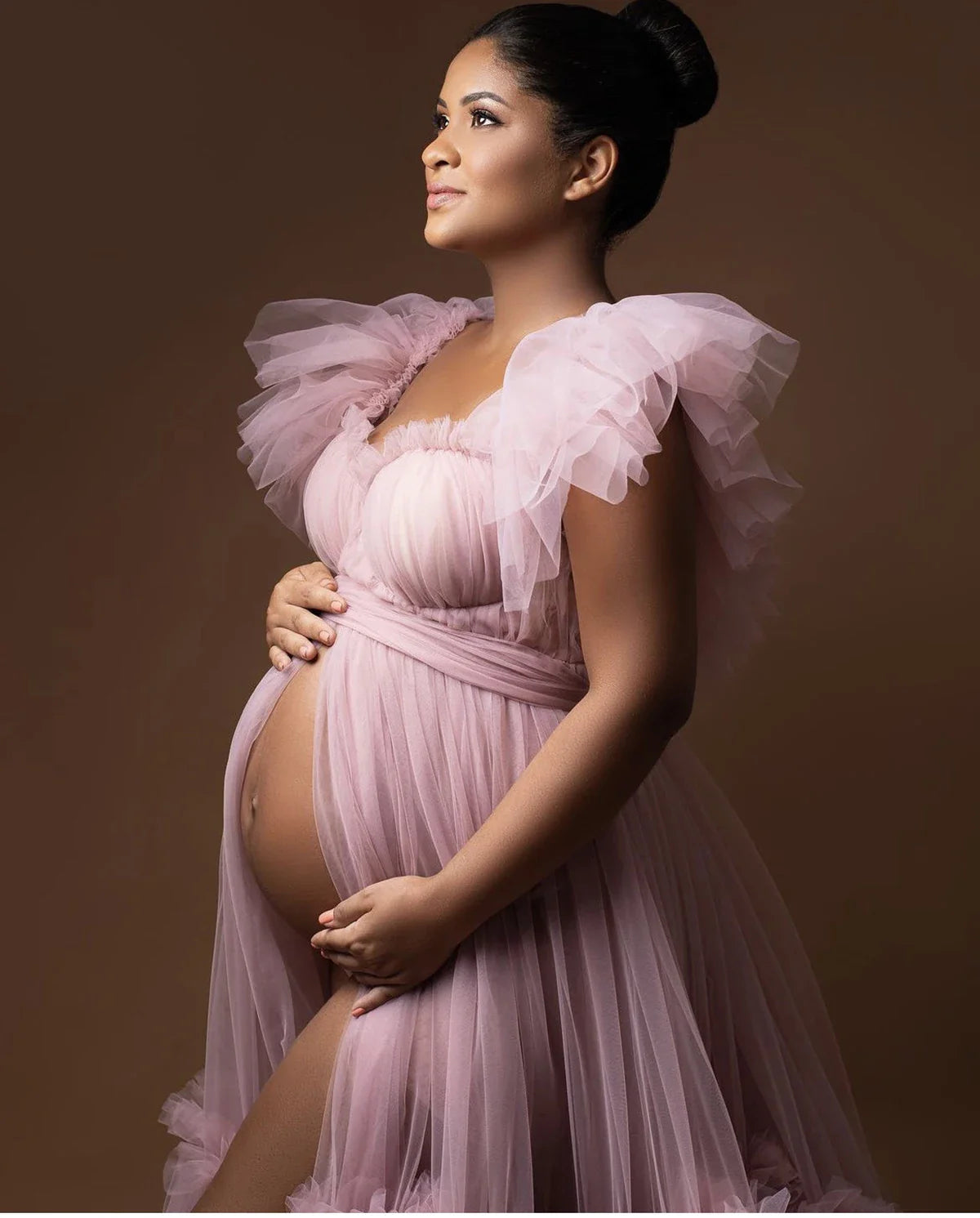 nvxiot - Ruffle Evening Dresses Women's Sweetheart Off Shoulder Pregnancy Bathgown Maternity Custom Made Tulle Robe for Photo Shoot