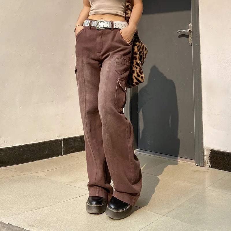 nvxiot Jeans for women high-waisted straight casual pants irregular pocket cargo pants mopping women's retro denim wide-leg trousers