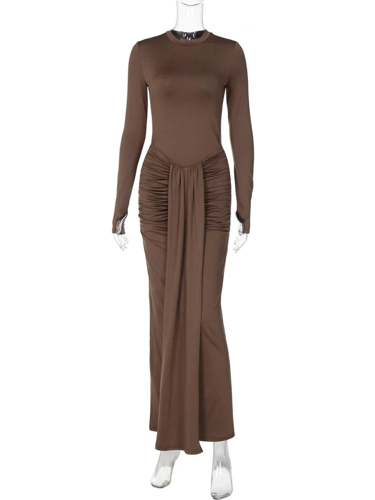 nvxiot - Pleated Tassel Slim Maxi Dress For Women Patchwork Lace-Up Elegant Fashion Solid Bandage Autumn Dress Female Party Dress