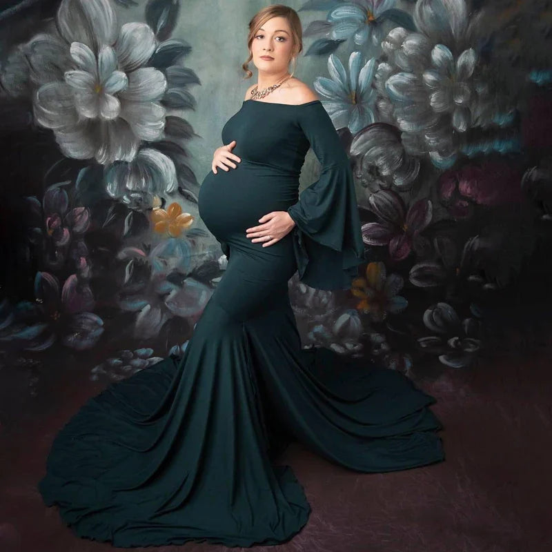 nvxiot - Silk Cotton Maternity Photography Dresses Solid V-neck Ruffle Edge Sleeve Taildress Long Soft Cozy High Waisted Retro Long Dress