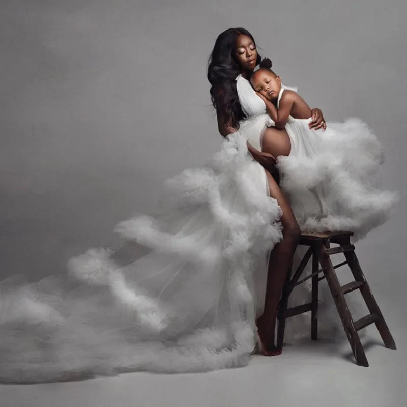 nvxiot - Sexy Bathrobe Robe Night Bathrobe For Mother and Daughter Tiered Pleated Long Dress Tulle Maternity Women Photo ShootCustom